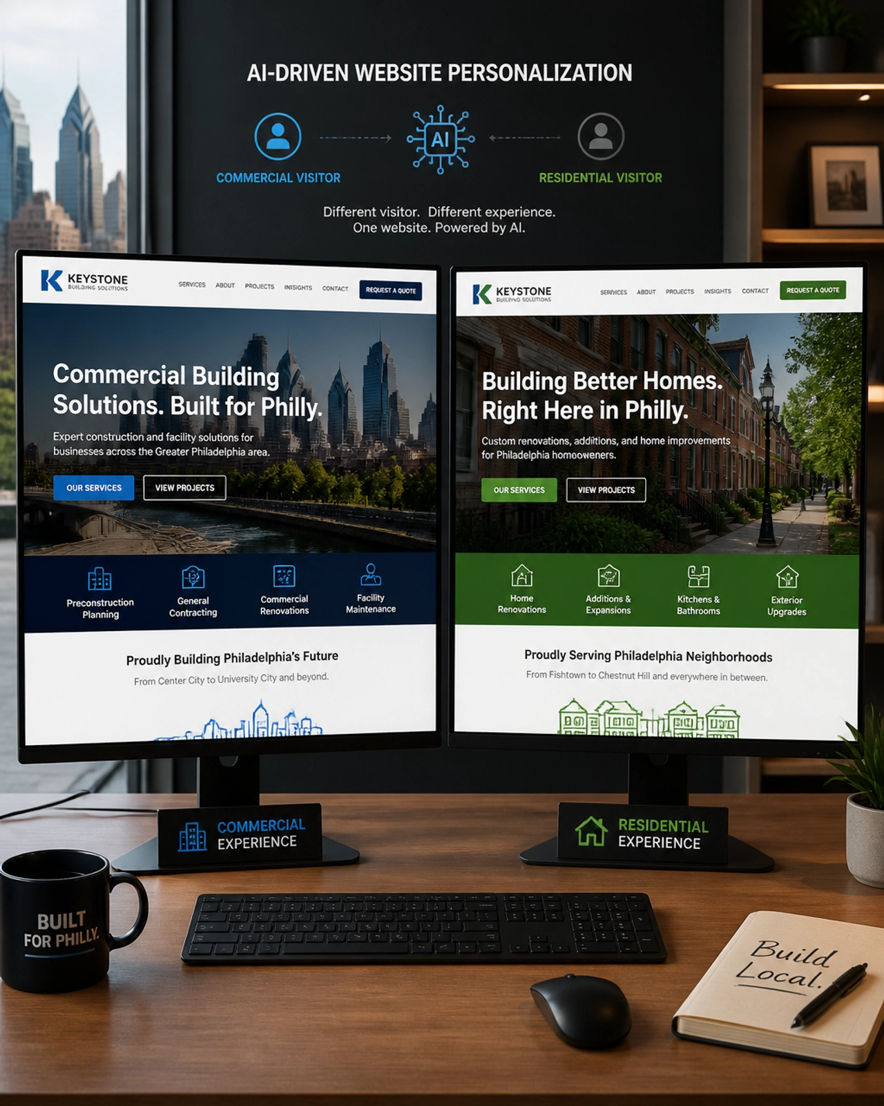 Two monitors showing different versions of a website tailored to commercial and residential visitors