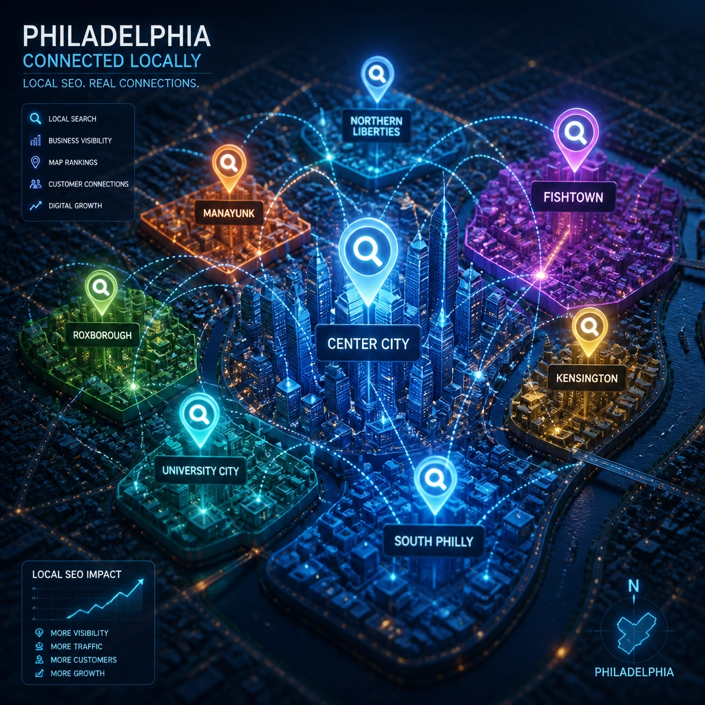 Abstract 3D map of Philadelphia neighborhoods with glowing SEO pins