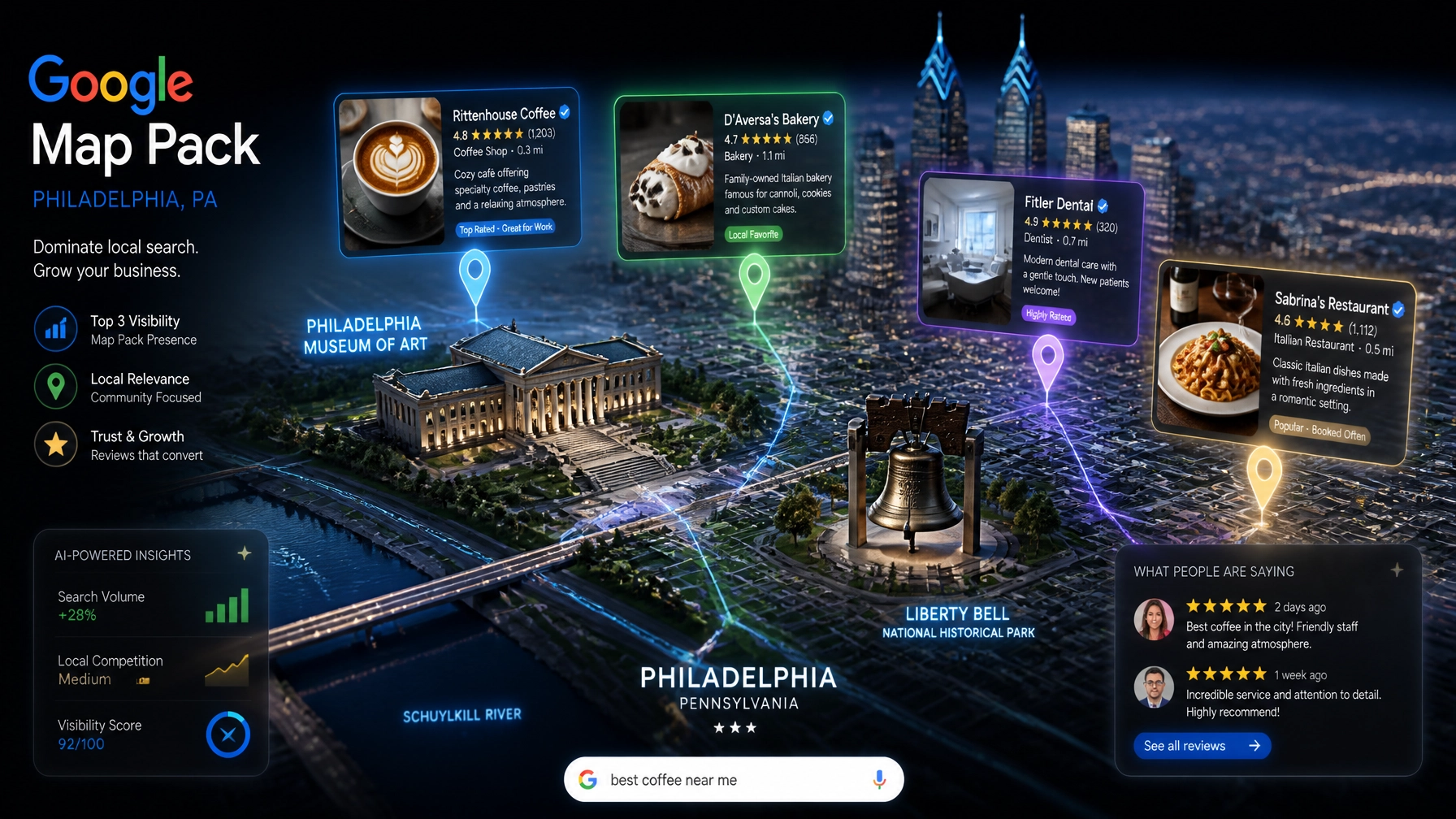 A 3D visualization of the Google Map Pack over Philadelphia landmarks, showing AI-enhanced business listings.