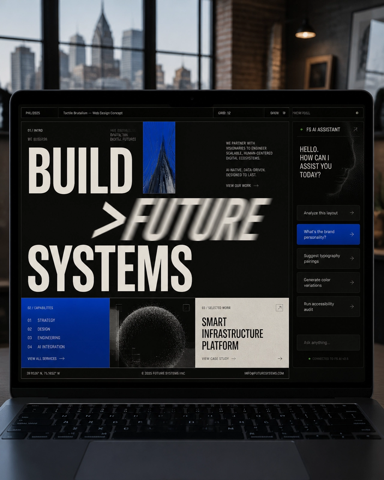 A modern laptop displaying a tactile brutalist web design with an AI assistant widget