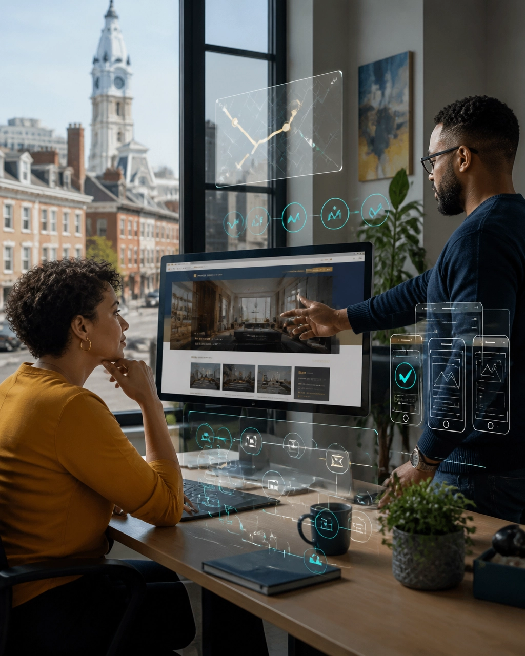 Philadelphia business owner and web strategist reviewing a custom website and AI-connected customer journey