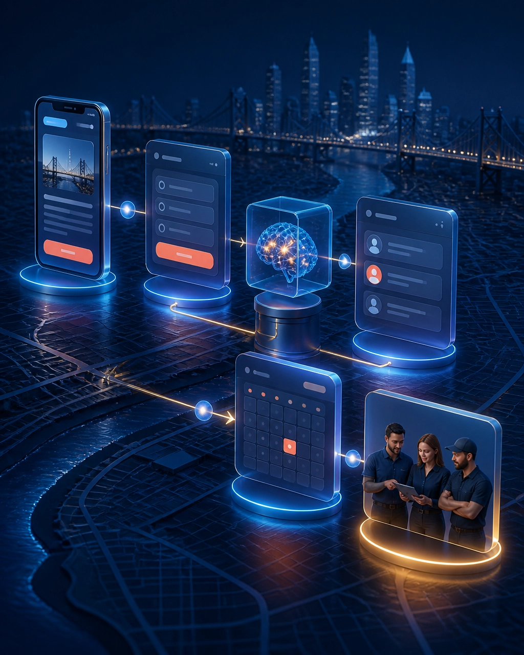 AI-powered website workflow connecting a mobile visitor, lead form, CRM, calendar, and human approval