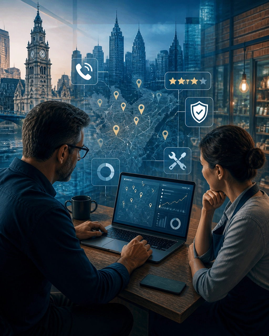 Philadelphia business owner and web specialist reviewing local SEO results, security monitoring, map visibility, and ongoing website support