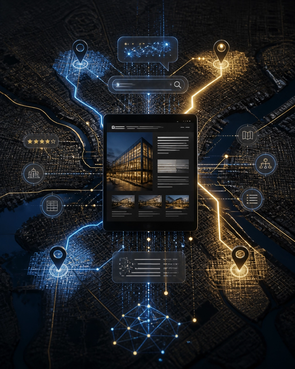 Philadelphia neighborhood map with glowing AI search and local SEO visibility pathways