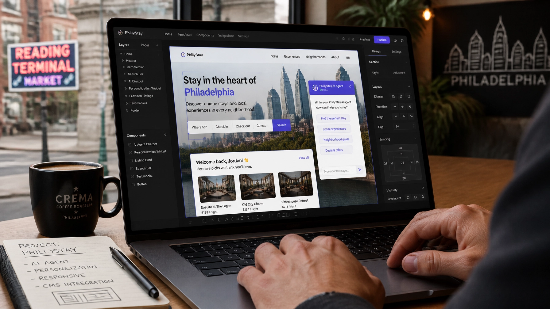 Web designer working in a Philadelphia cafe integrating an AI chatbot and dynamic personalization widgets