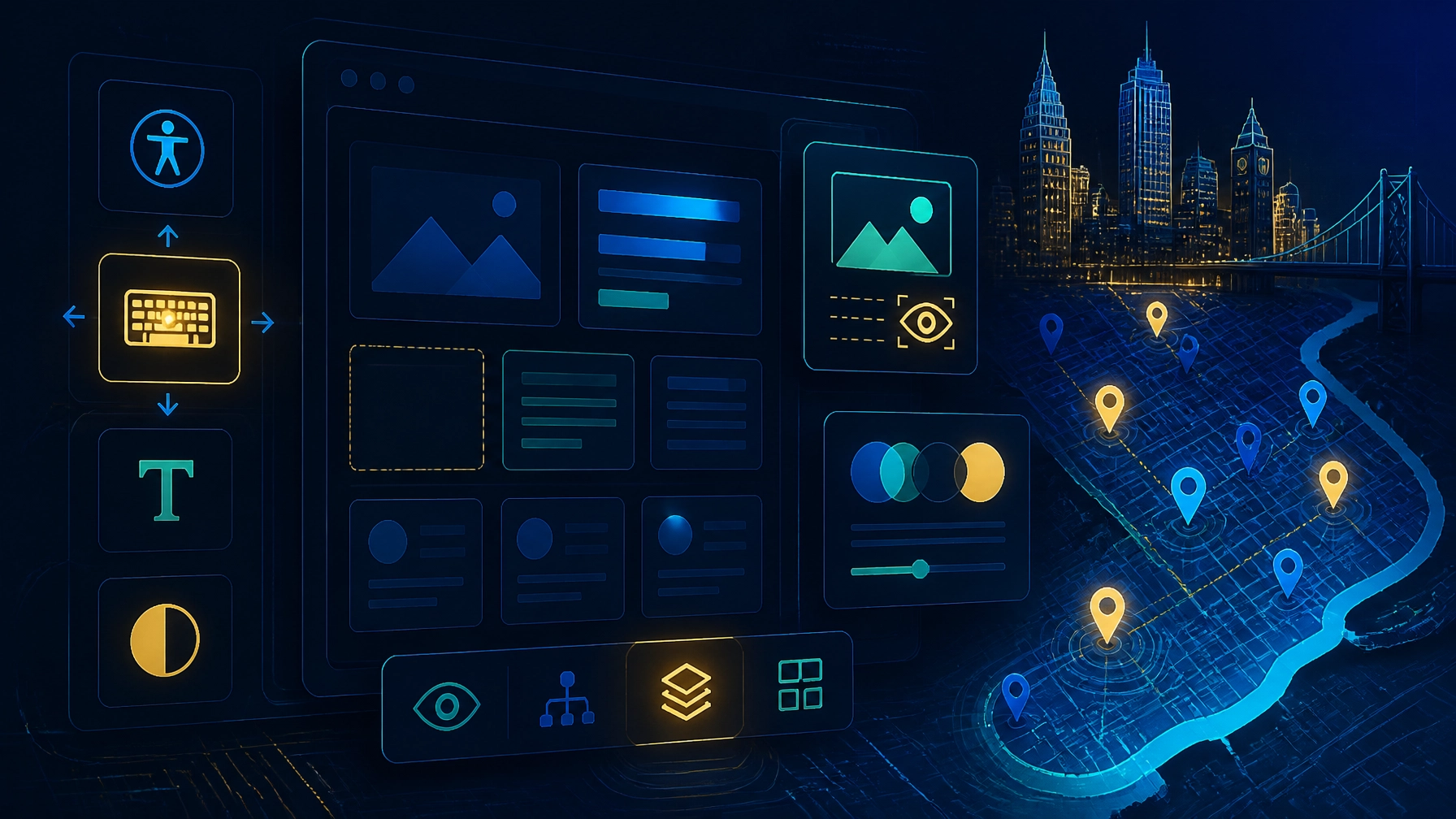 Accessible AI website interface with keyboard navigation, contrast controls, and Philadelphia local search signals