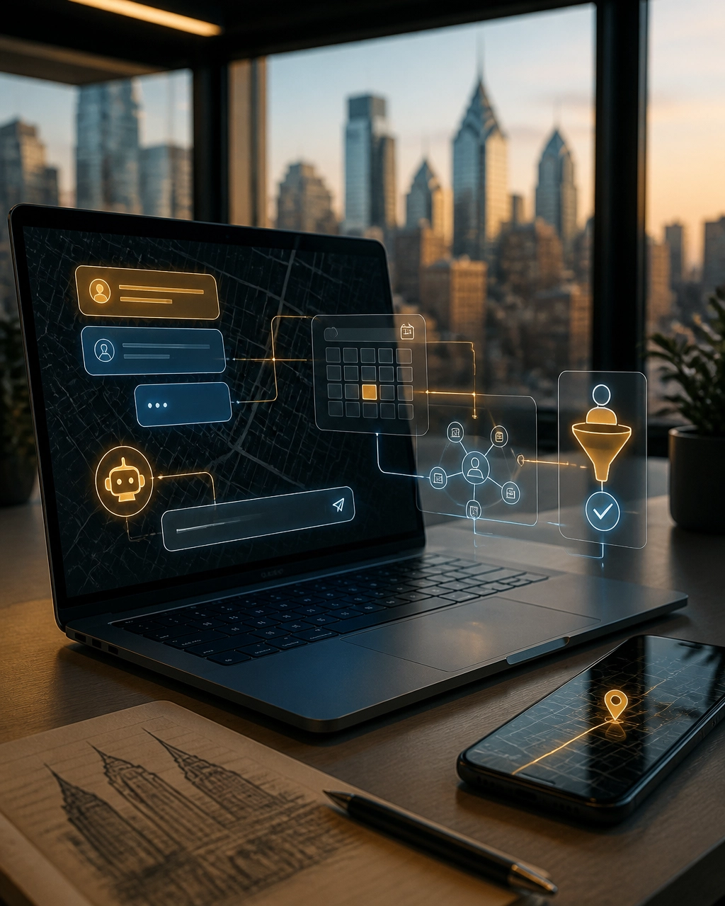 Laptop and smartphone showing an AI-powered website lead intake workflow in a Philadelphia workspace