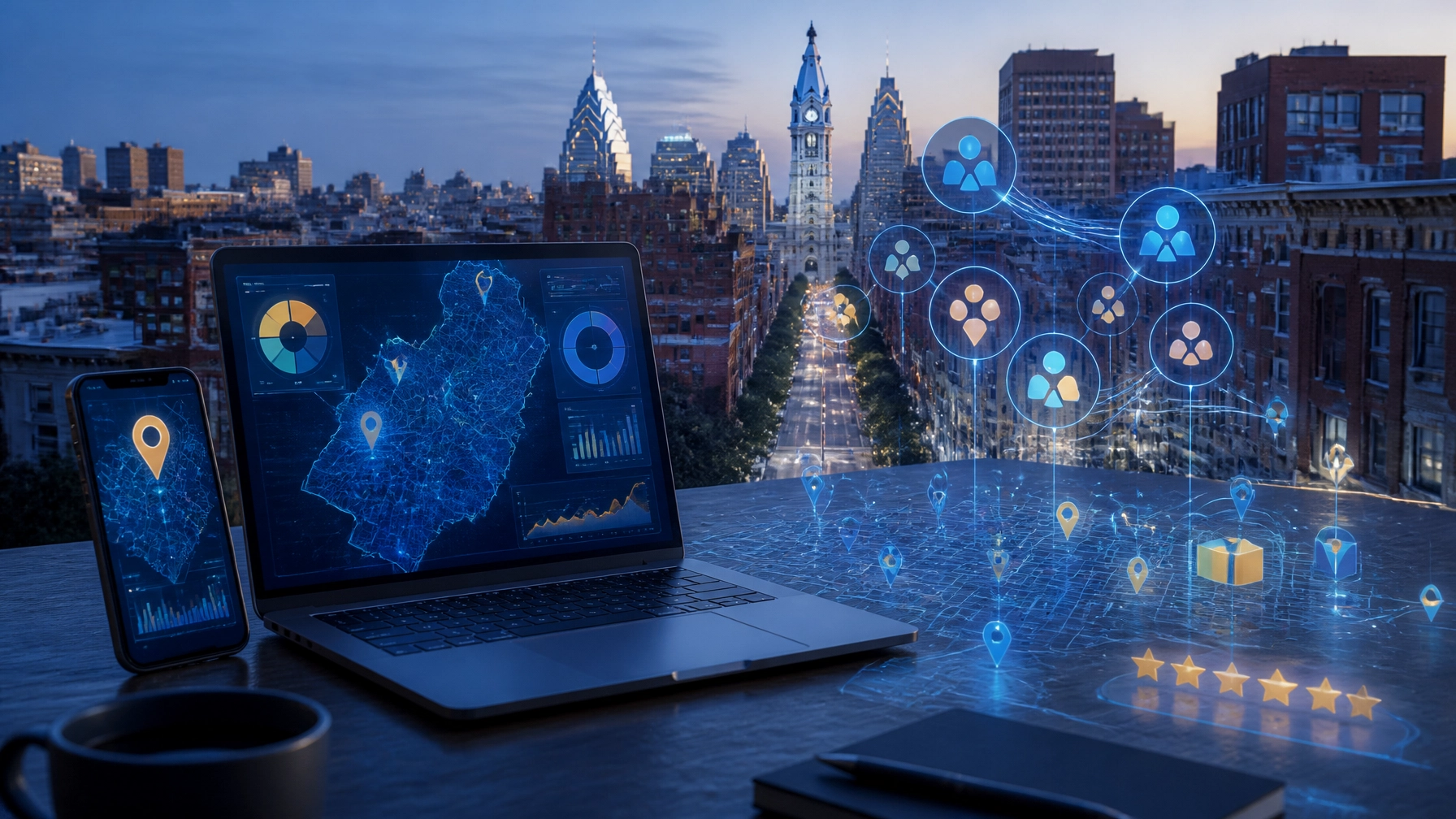 Philadelphia map, website analytics, and AI-powered local SEO signals connected through augmented-reality data overlays