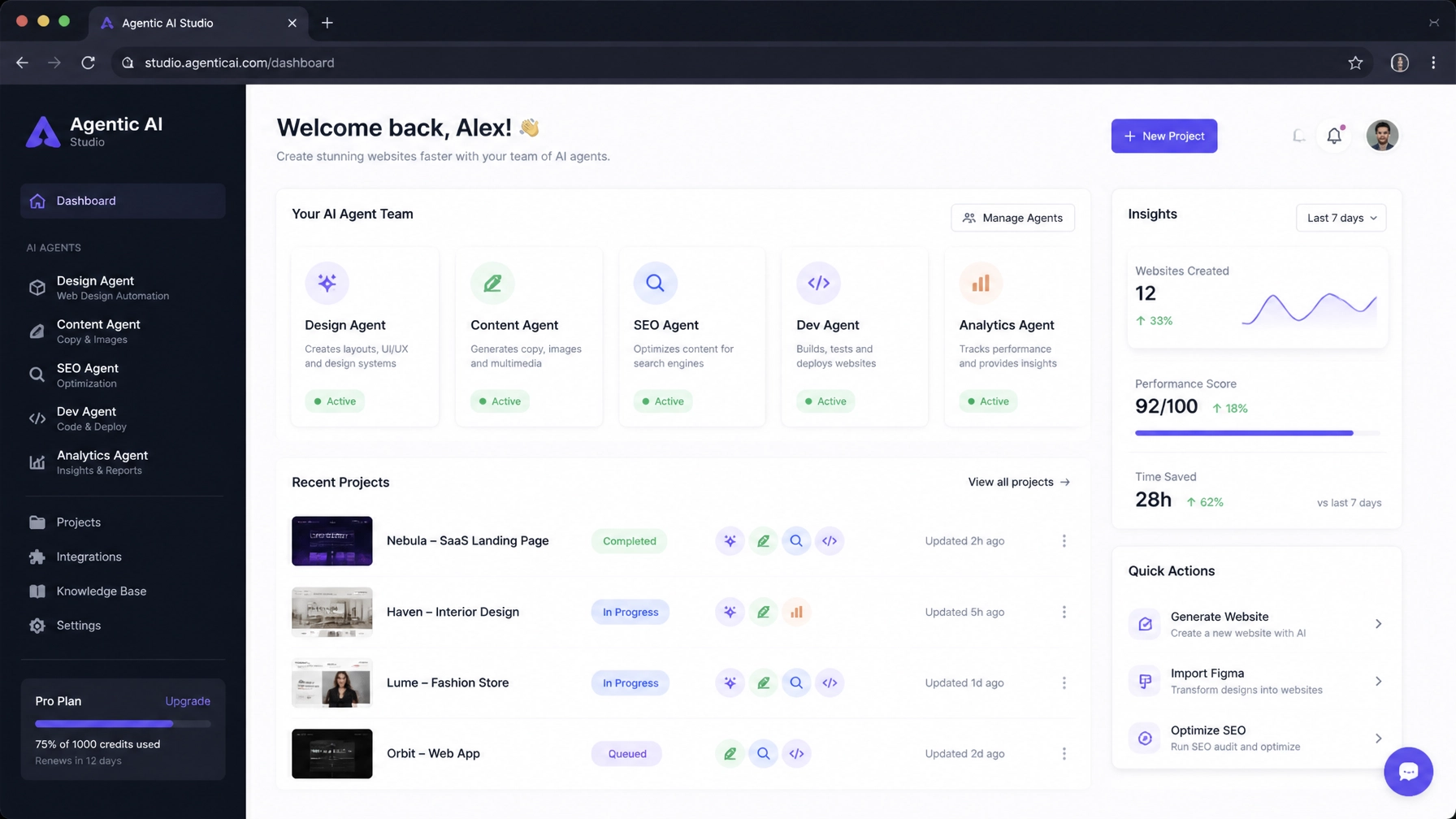 A modern dashboard showing agentic AI tools and smart web design automation in a sleek browser interface