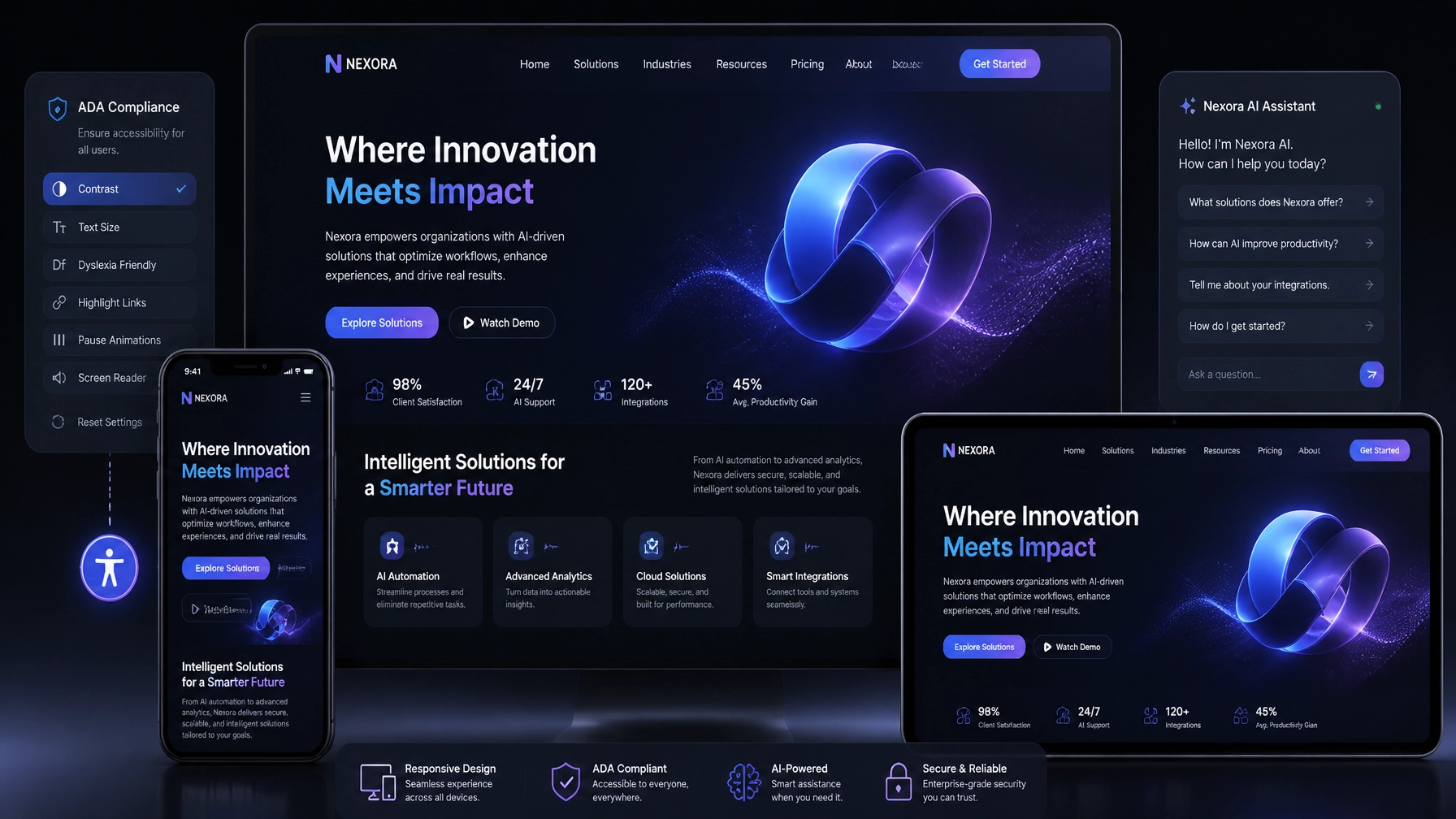 A modern futuristic website design mockup displayed on high-end screens showing mobile responsiveness and AI widget tools