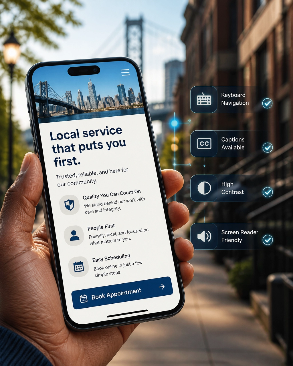 Mobile-first and accessible website experience viewed on a Philadelphia sidewalk