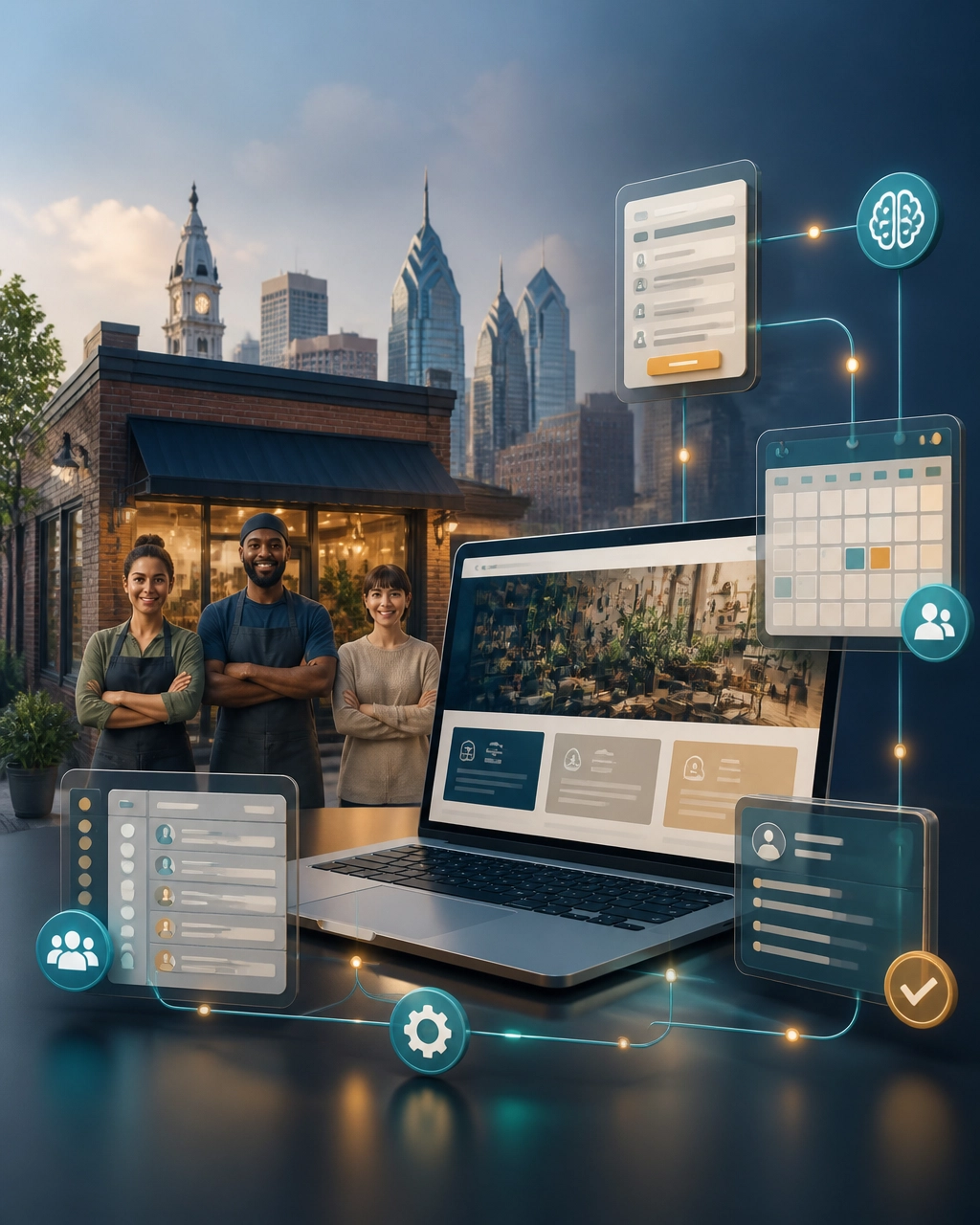 Philadelphia small business website connected to an AI intake form, calendar, CRM, and workflow automation system