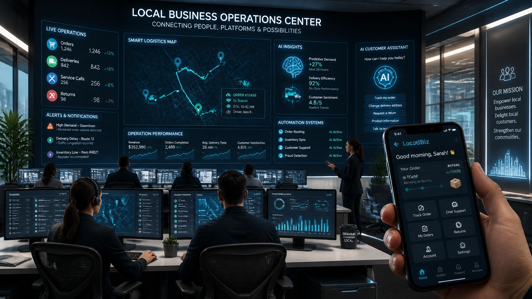 A futuristic local business operations center showing seamless digital logistics, AI integrations, and mobile customer service dashboards