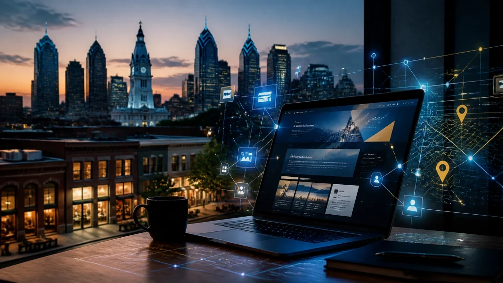 Laptop displaying digital map network against Philadelphia skyline at dusk