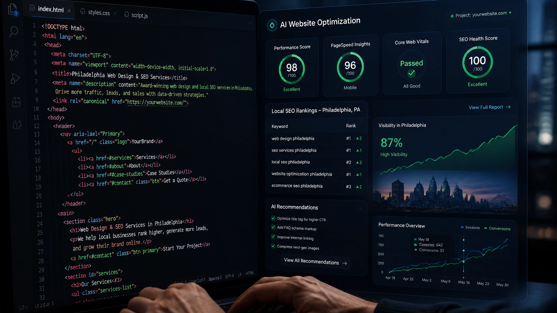 Close-up of developer writing clean semantic HTML code alongside an advanced AI website optimization visual overlay