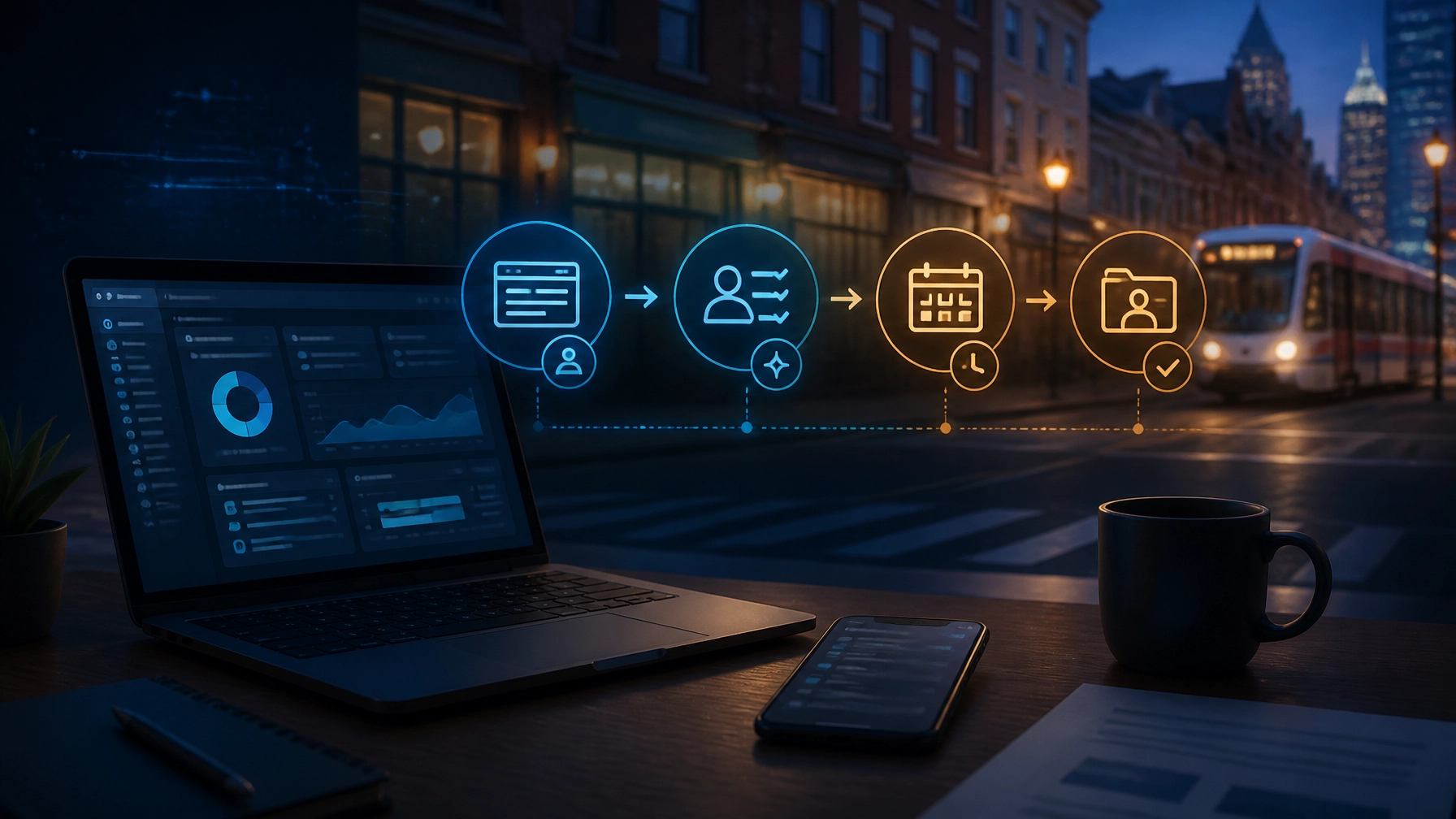 Laptop, smartphone, and connected AI workflow showing a website inquiry moving through qualification, booking, and CRM steps