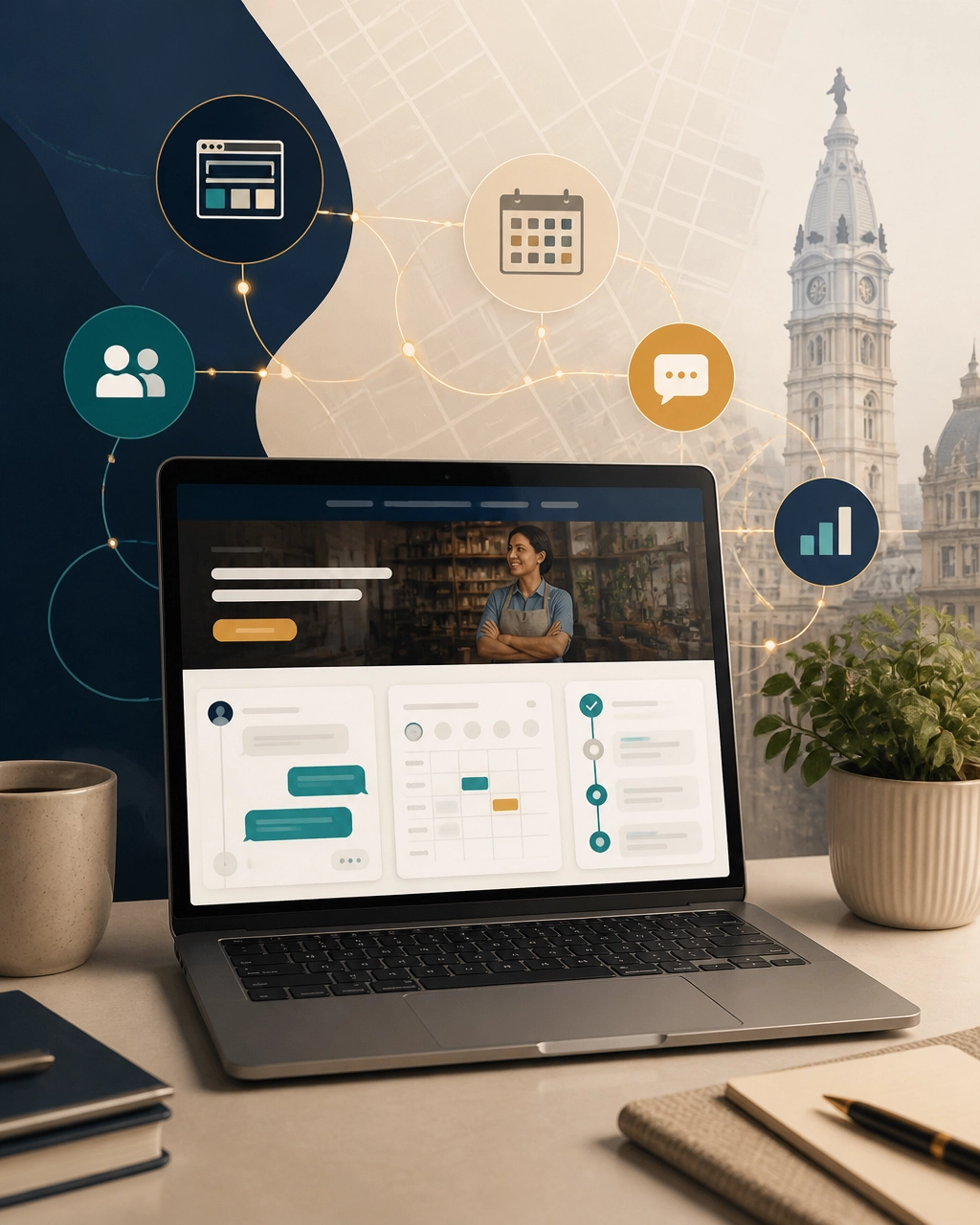 AI-integrated website connecting customer conversations, CRM, scheduling, and analytics