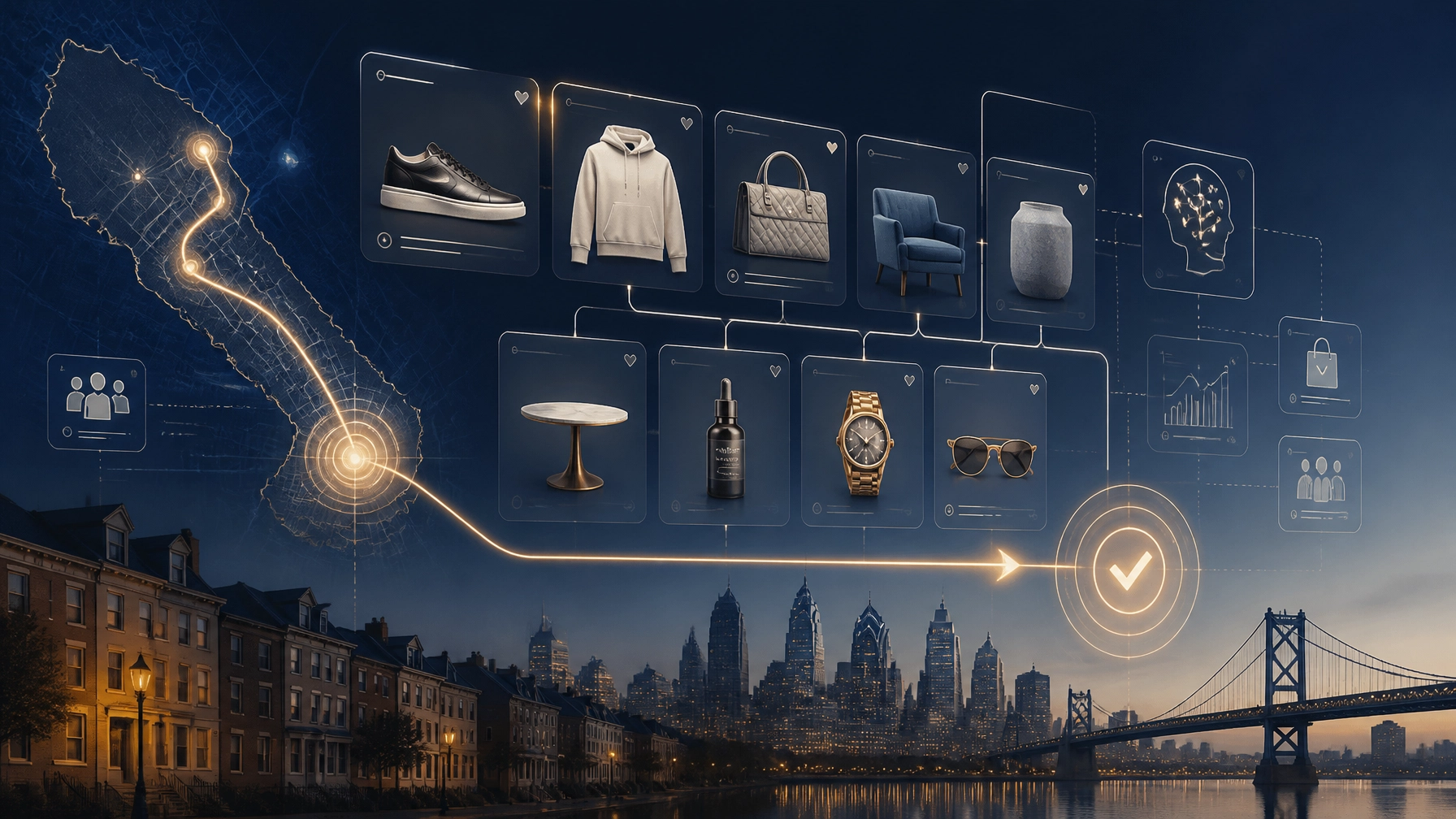 AI-powered ecommerce catalog connecting Philadelphia customers, product discovery, inventory, and checkout through an elegant digital growth network