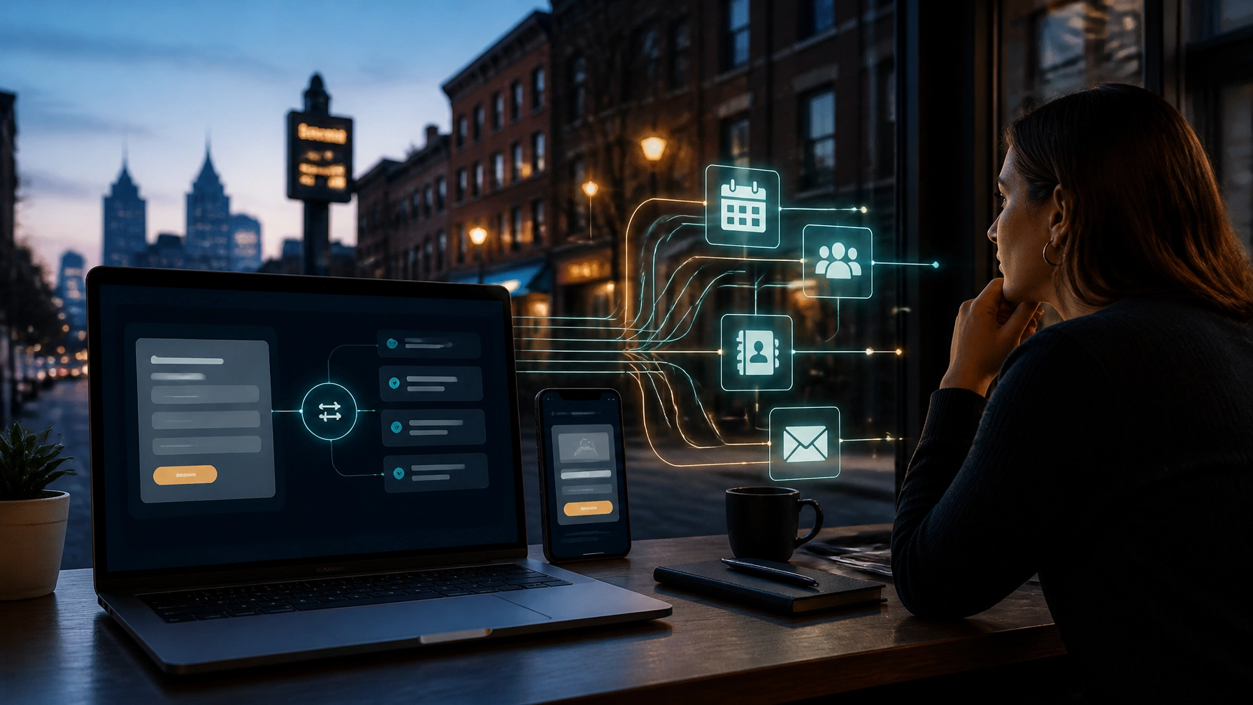 Philadelphia small-business owner reviewing an AI-assisted website workflow connected to CRM and scheduling tools