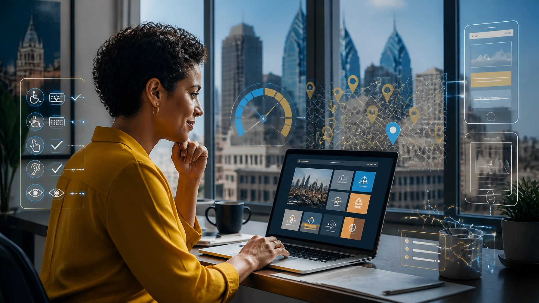 Philadelphia business owner reviewing a responsive website dashboard with accessibility, speed, and local SEO overlays