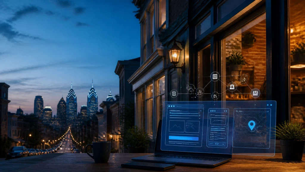 Laptop displays digital interface overlooking city skyline at dusk