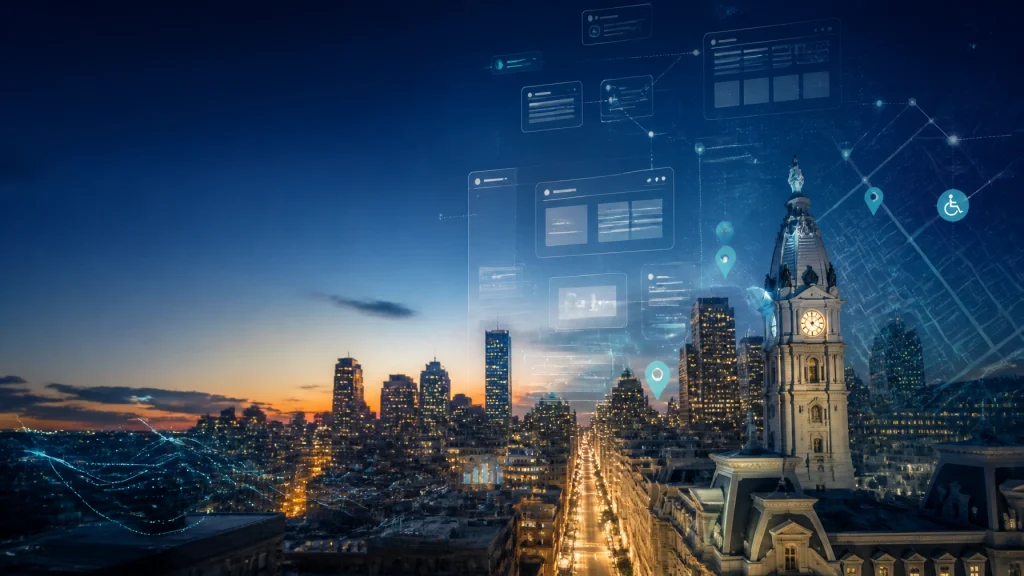 Smart city interface overlays Philadelphia skyline at dusk