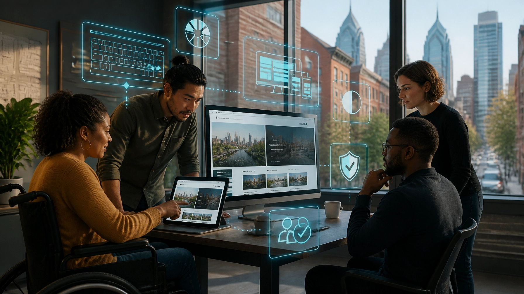 Diverse Philadelphia small-business team reviewing an accessible responsive website with AI-assisted usability and privacy overlays