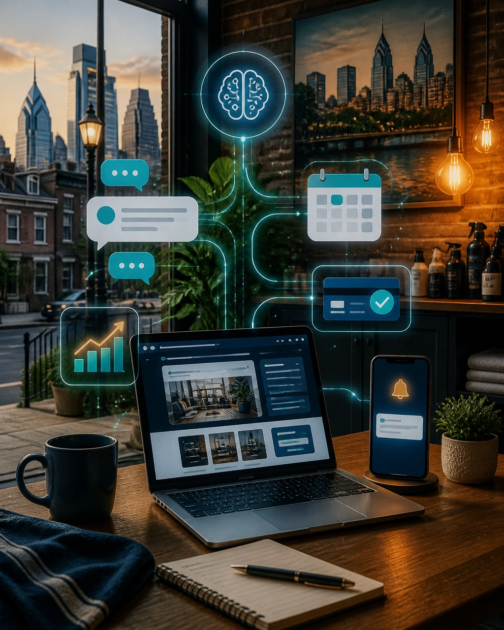 AI integrations connecting a Philadelphia small business website to booking, chat, and payment tools