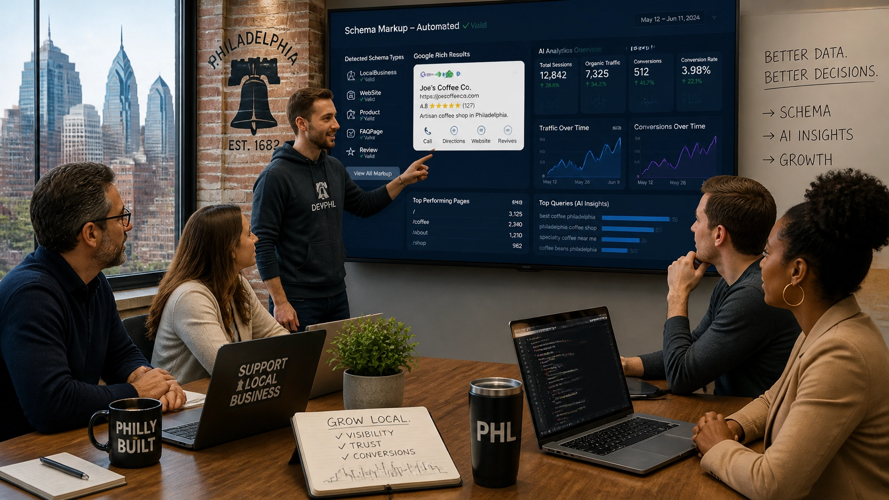 Collaborative session between business owners and web developers reviewing automated schema markup and AI analytics charts