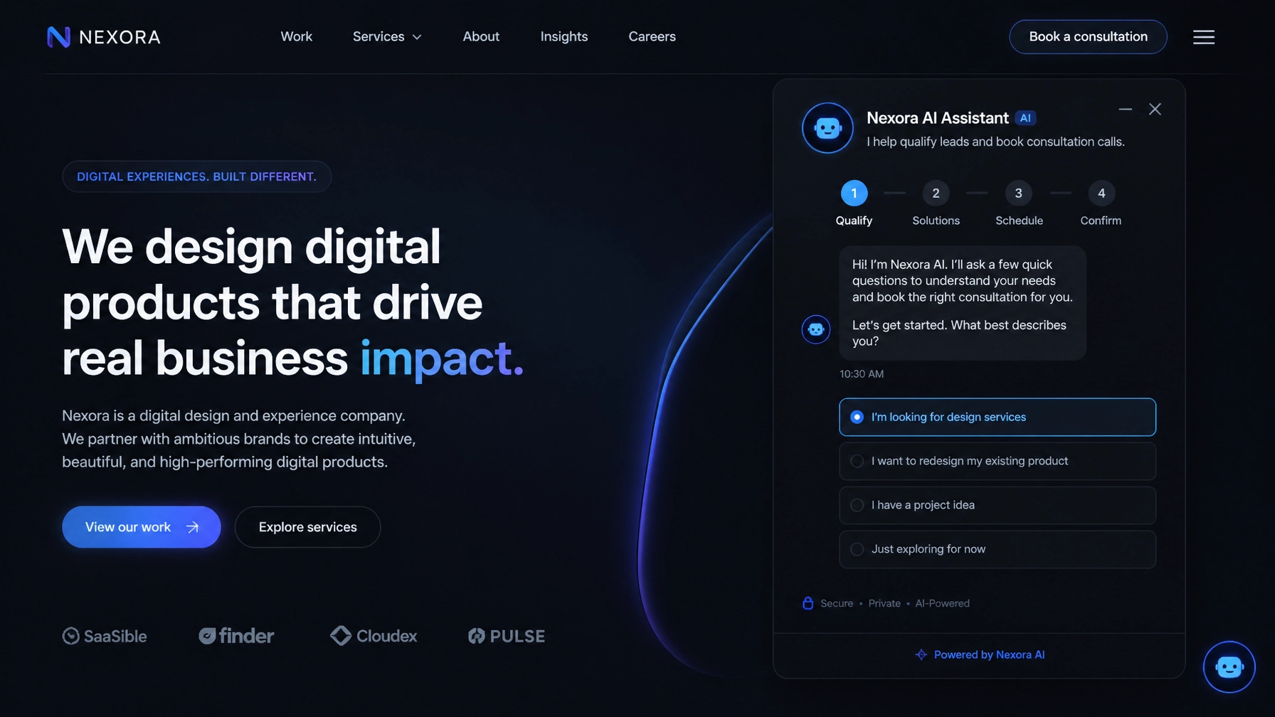 Close-up of a modern design company website interface featuring an interactive agentic AI assistant chatbot window that qualifies leads and books consultation calls smoothly