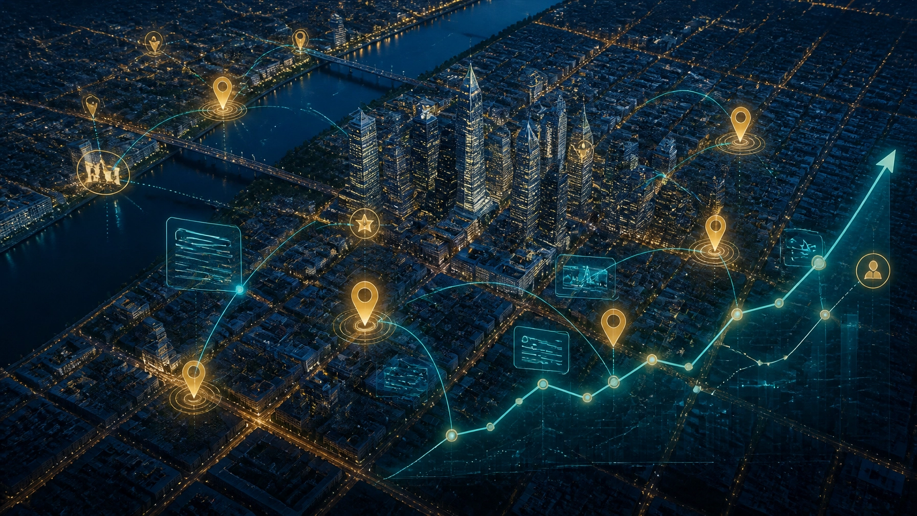 Philadelphia neighborhood map with AI-powered local SEO signals, connected content nodes, and digital search growth overlays