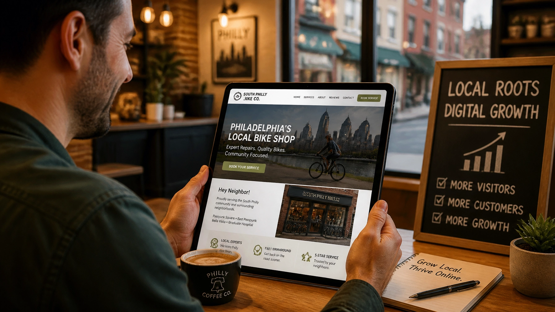A small business owner in Philadelphia reviewing a hyper-personalized local website on a tablet in a coffee shop