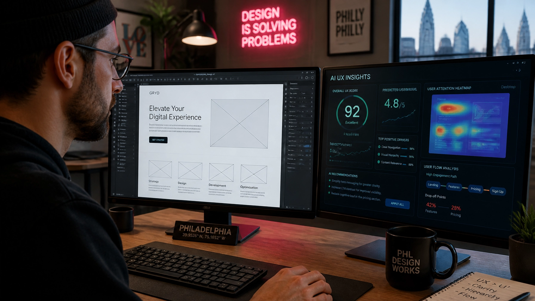 A close-up of a digital designer working on custom web design wireframes and AI-driven user experience interfaces