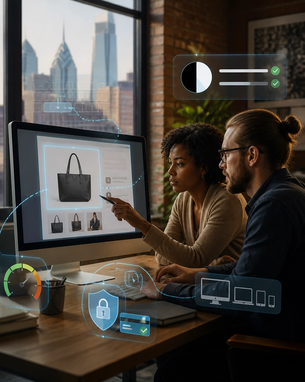 Philadelphia ecommerce team reviewing accessibility, performance, and secure checkout signals through subtle AR technology overlays