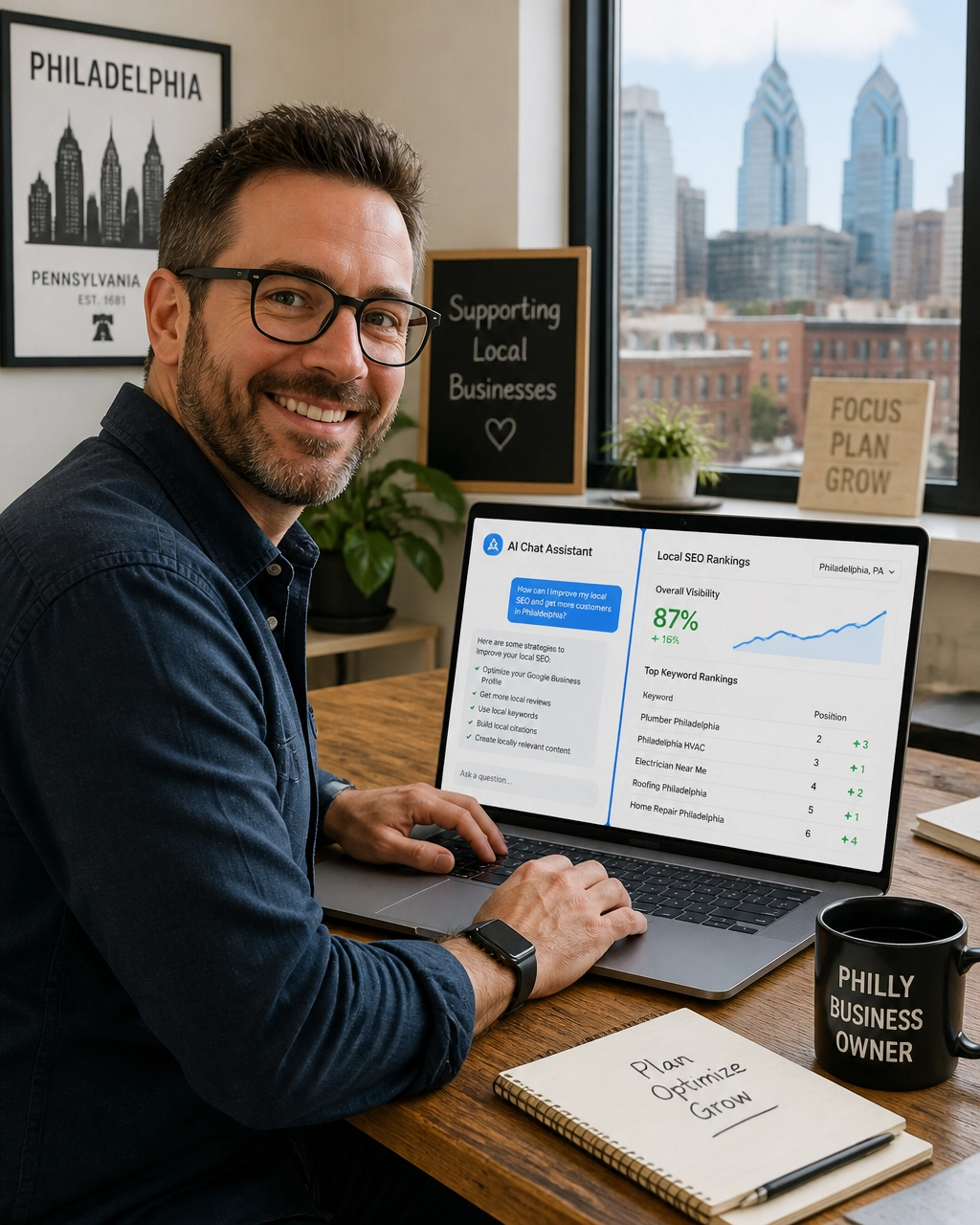 Philadelphia small business owner reviewing AI web analytics