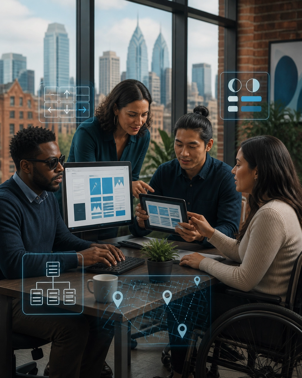 Inclusive Philadelphia entrepreneurs reviewing accessible website layouts and local SEO signals with subtle AR overlays