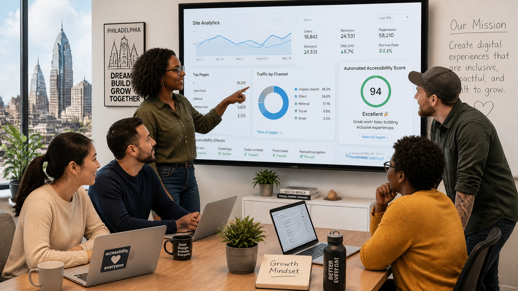 Diverse small business team reviewing analytics and automated web accessibility scores on a monitor