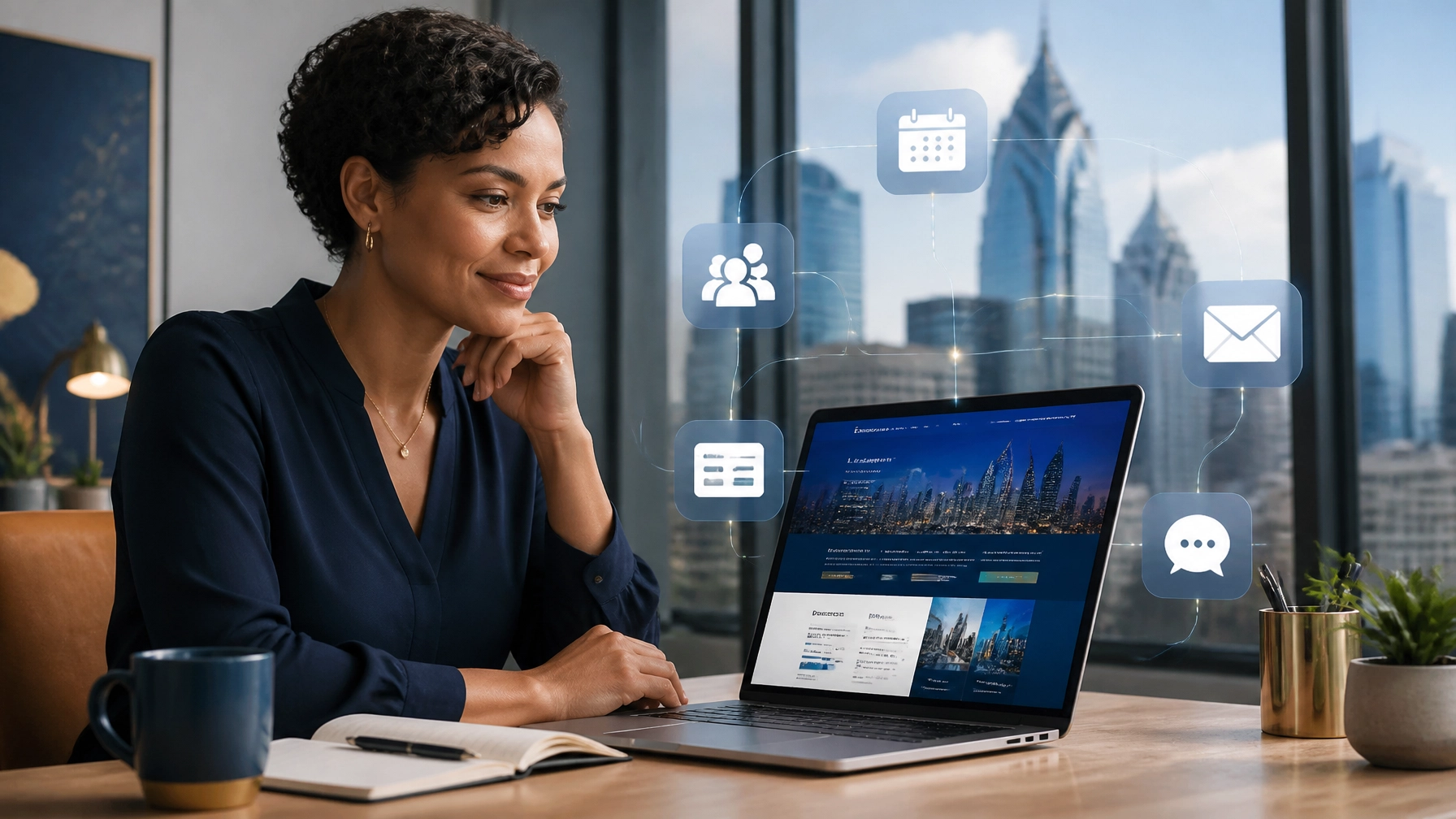 Philadelphia business owner reviewing an AI-connected website workflow