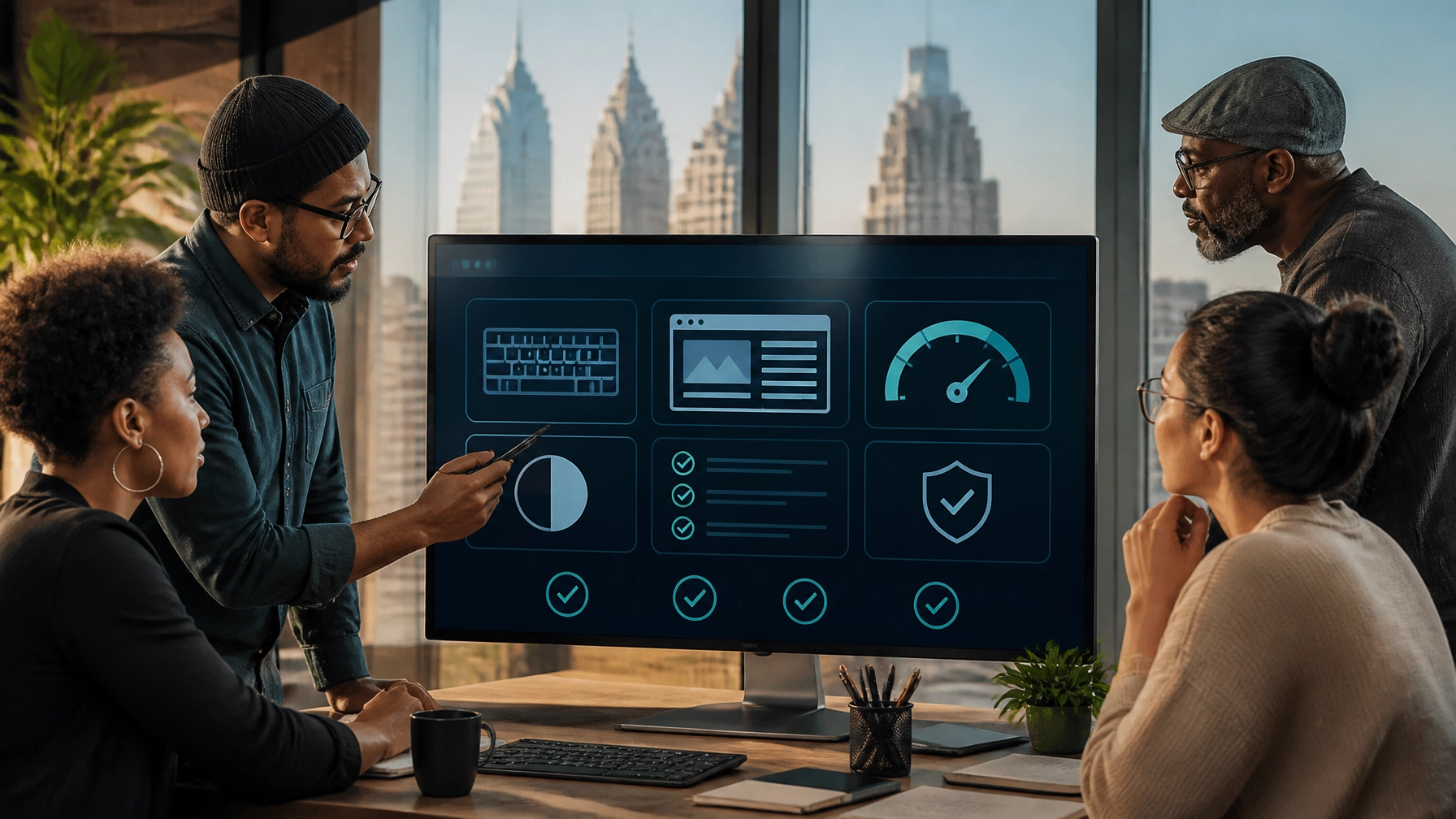 Philadelphia small-business team reviewing an AI-assisted website accessibility, performance, and usability dashboard