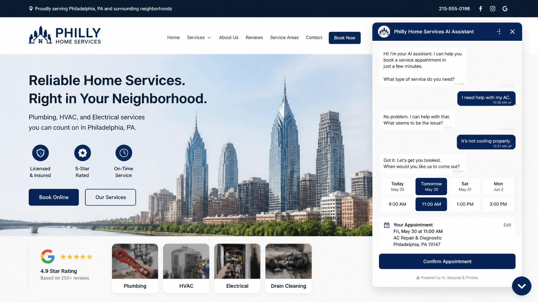 Advanced interactive AI chatbot interface integrated into a local small business website