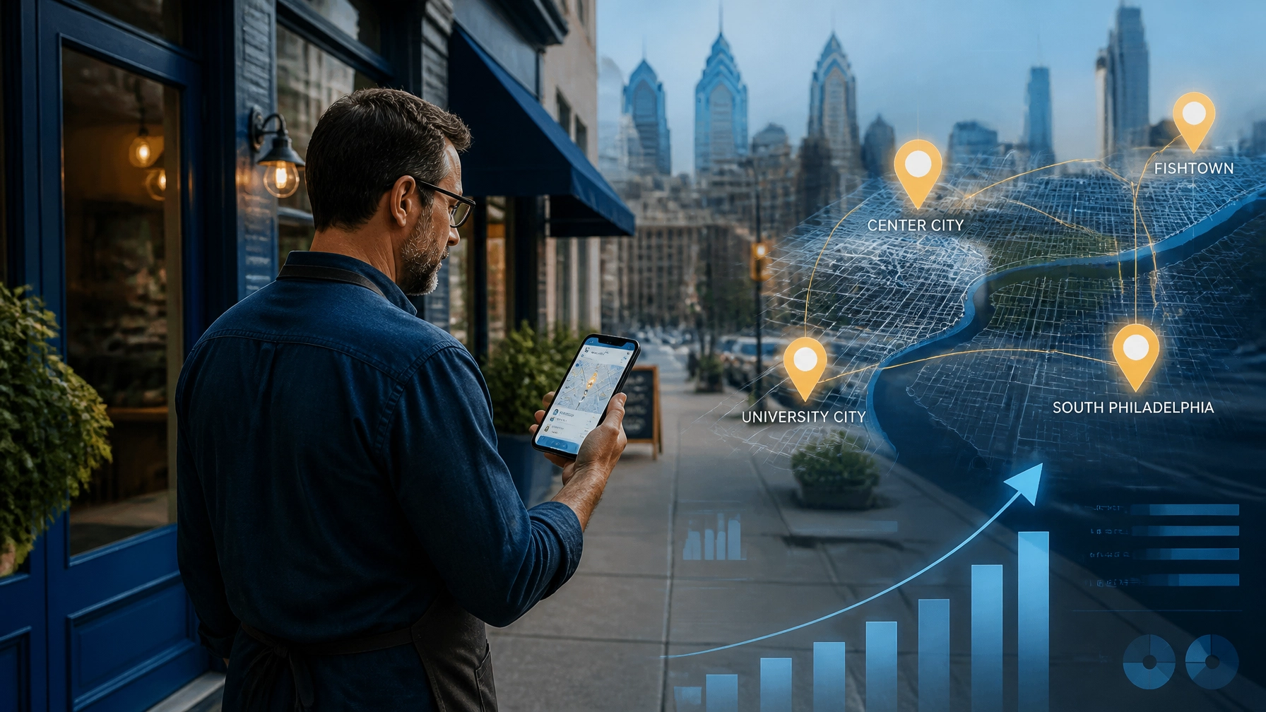 Philadelphia small business owner viewing local SEO map and search performance overlays