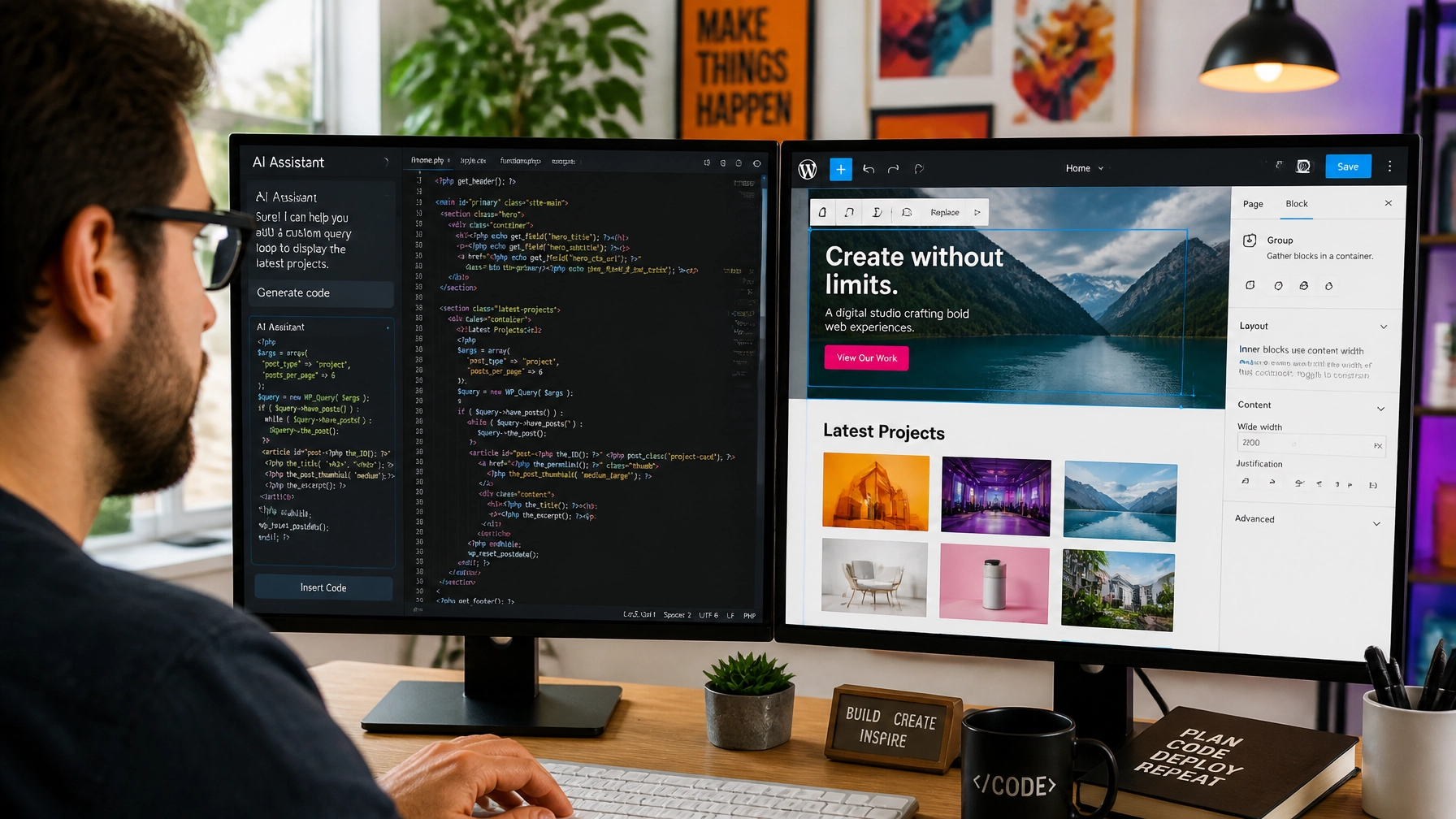 Web developer using AI-assisted coding and layout tools in WordPress on dual monitors