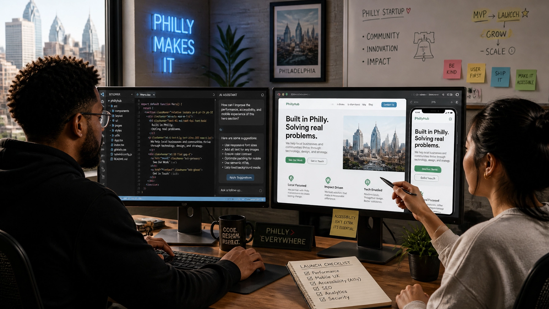 Web developer and designer collaborating with AI assistant tools on dual monitors