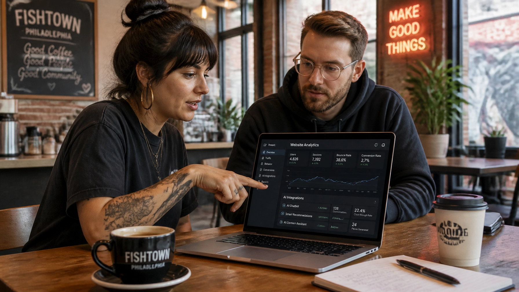 Local Philadelphia small business owner in a trendy Fishtown cafe collaborating with an expert web developer