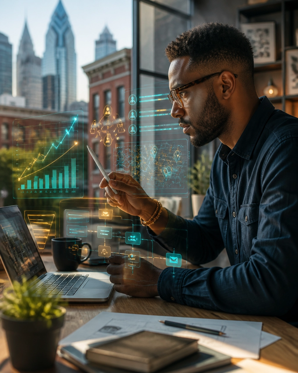 Philadelphia small business owner reviewing an AI-powered website growth dashboard
