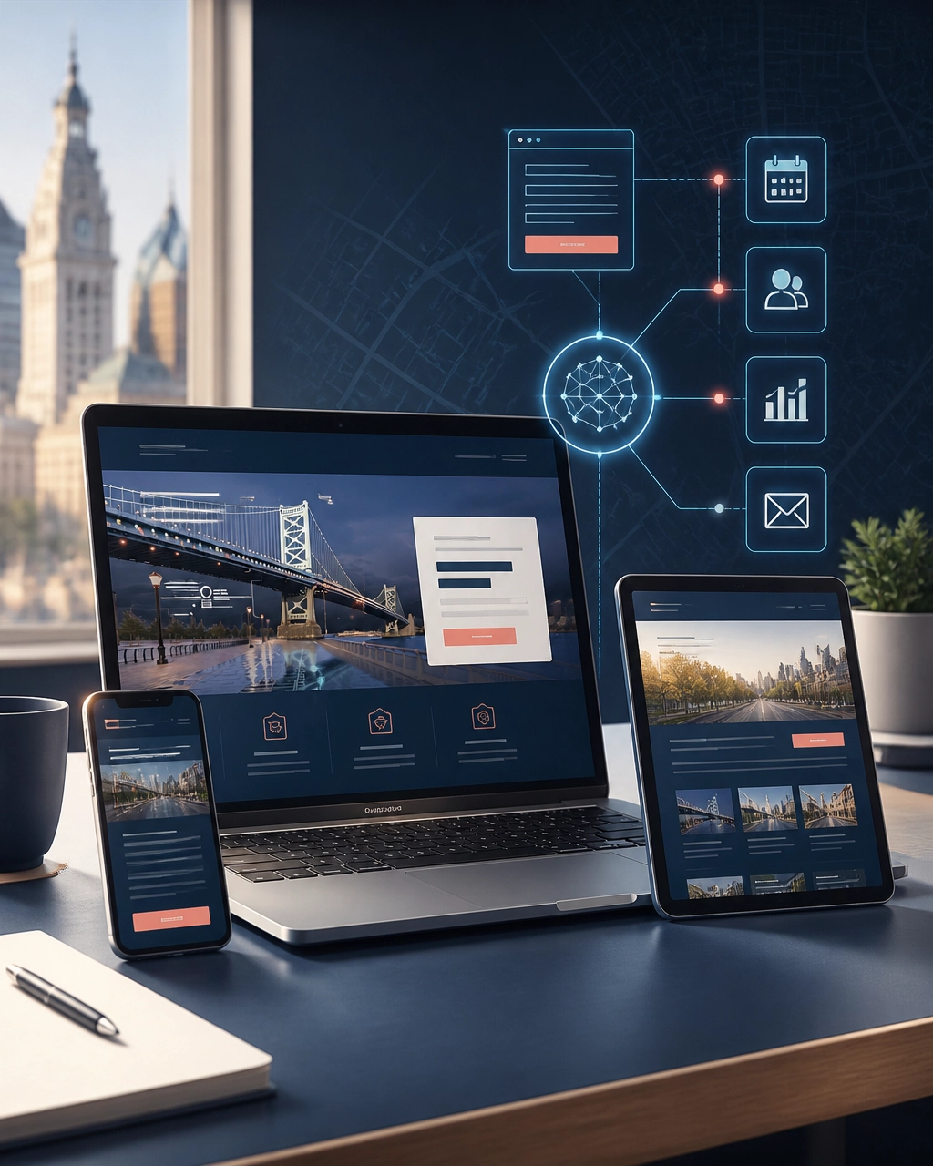 Responsive website interfaces connected to AI, CRM, calendar, and analytics systems
