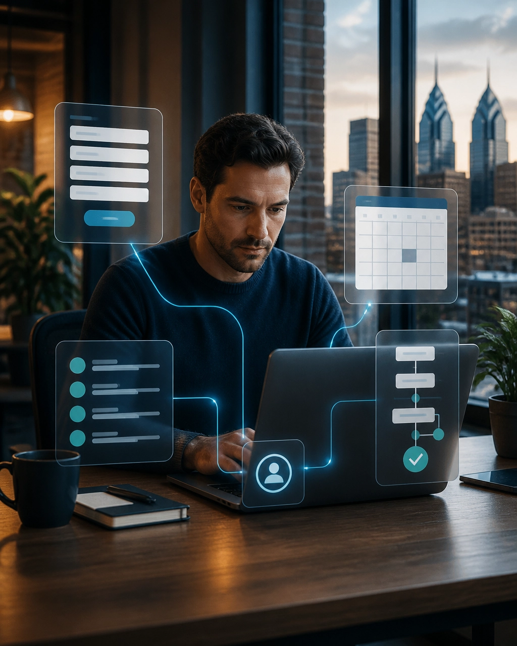 Philadelphia business owner reviewing an AI-powered website lead and follow-up workflow