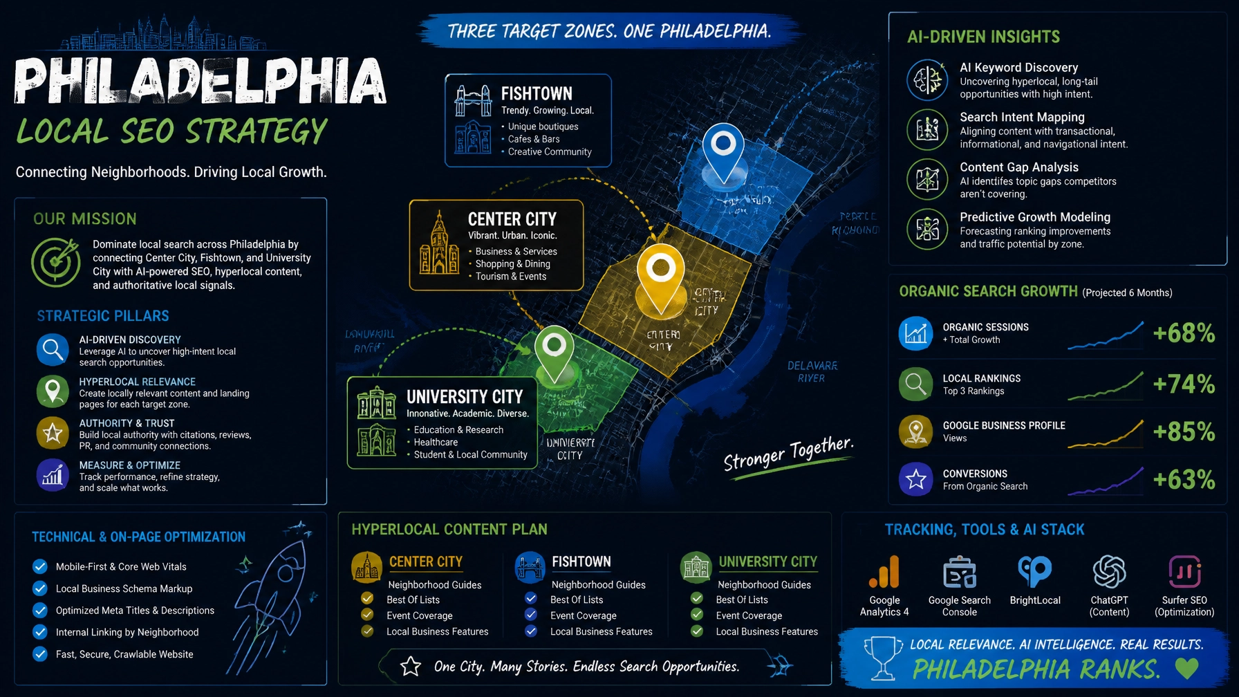 A vibrant digital marketing strategy board mapped out for Philadelphia local SEO, connecting Center City, Fishtown, and University City target zones with AI-driven organic search growth metrics