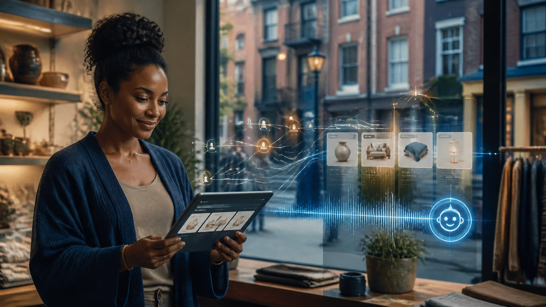 Philadelphia shop owner reviewing an AI-assisted ecommerce experience