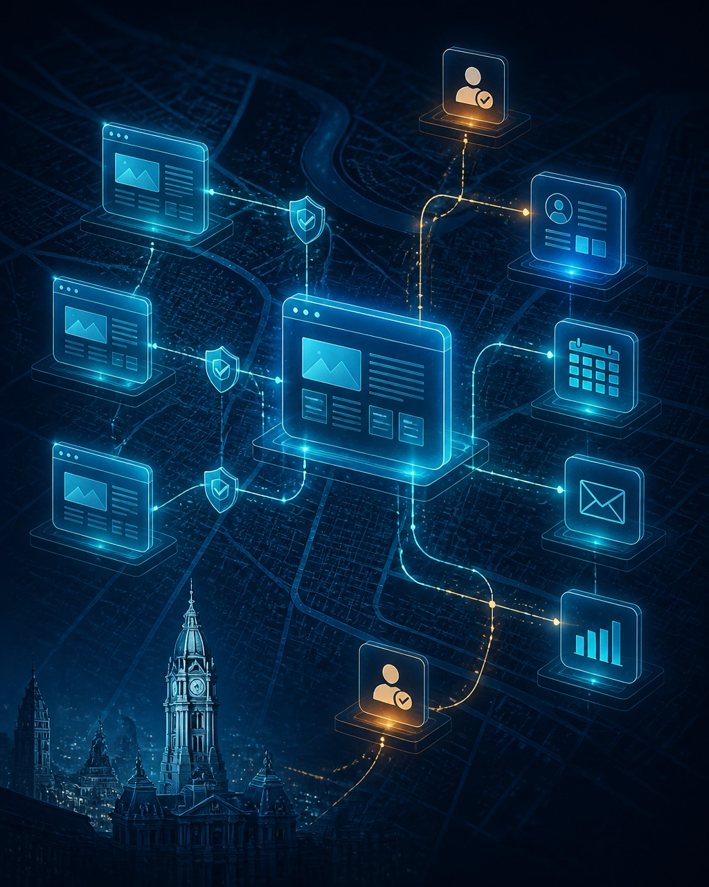 Connected AI automation workflow linking a website with CRM, calendar, email, analytics, and human approval checkpoints